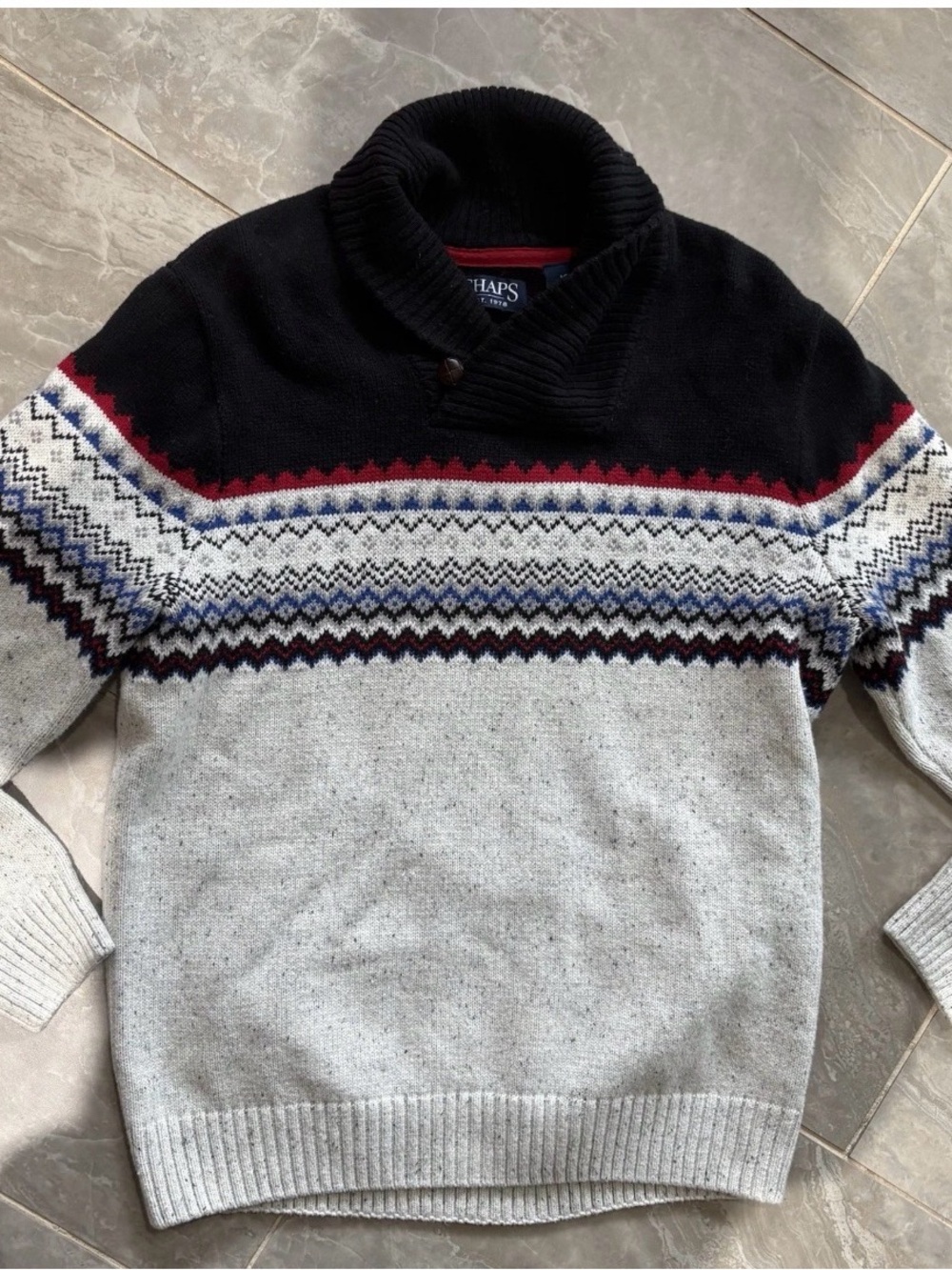 Chaps Mens Fair Isle Sweater Shawl Collar Navy Gray Red Button 100% Cotton Sz L